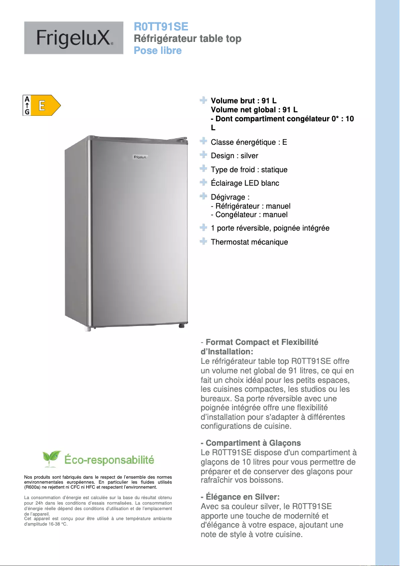 Page 1 de la notice Fiche technique FrigeluX R0TT91SE