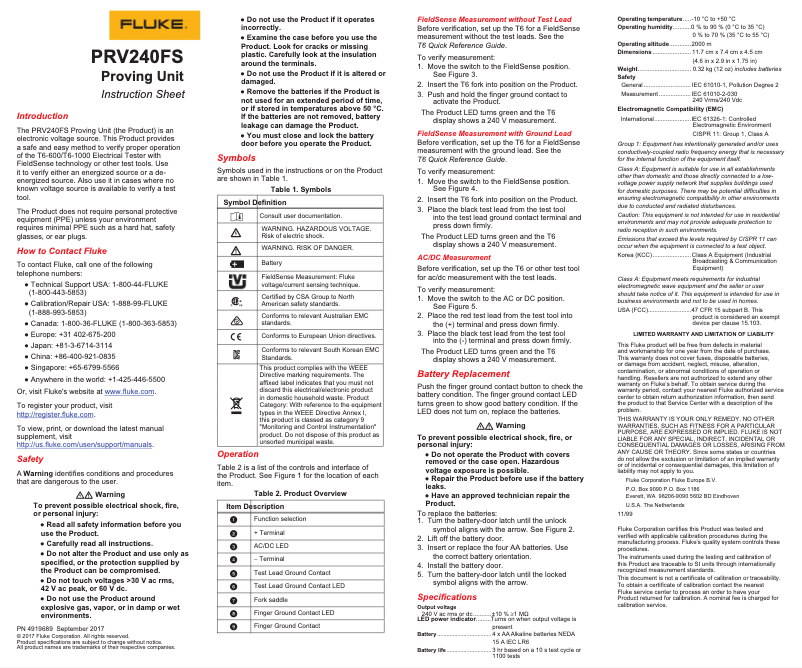 Page 1 de la notice Manuel utilisateur Fluke PRV240