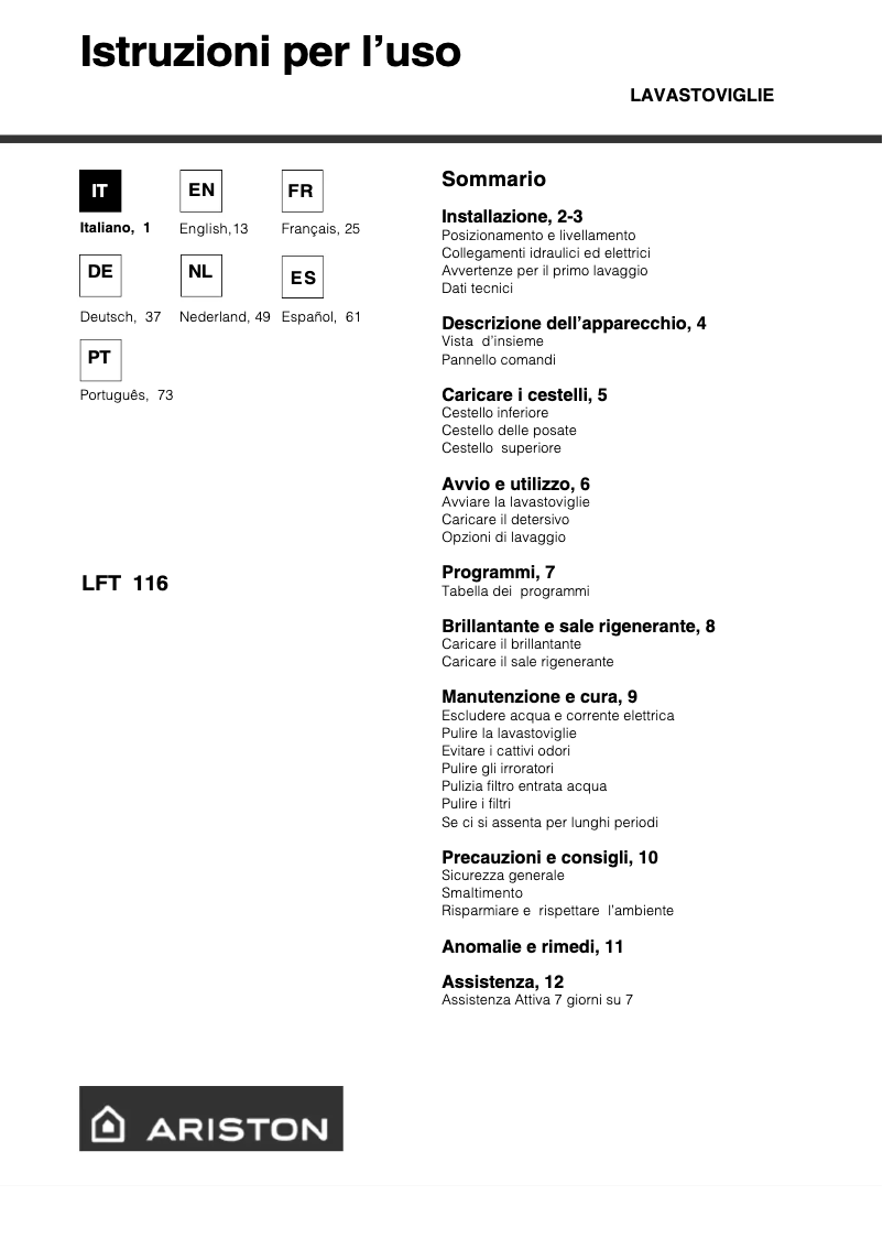 Page 1 de la notice Manuel utilisateur Hotpoint Ariston LFT 116 A EX