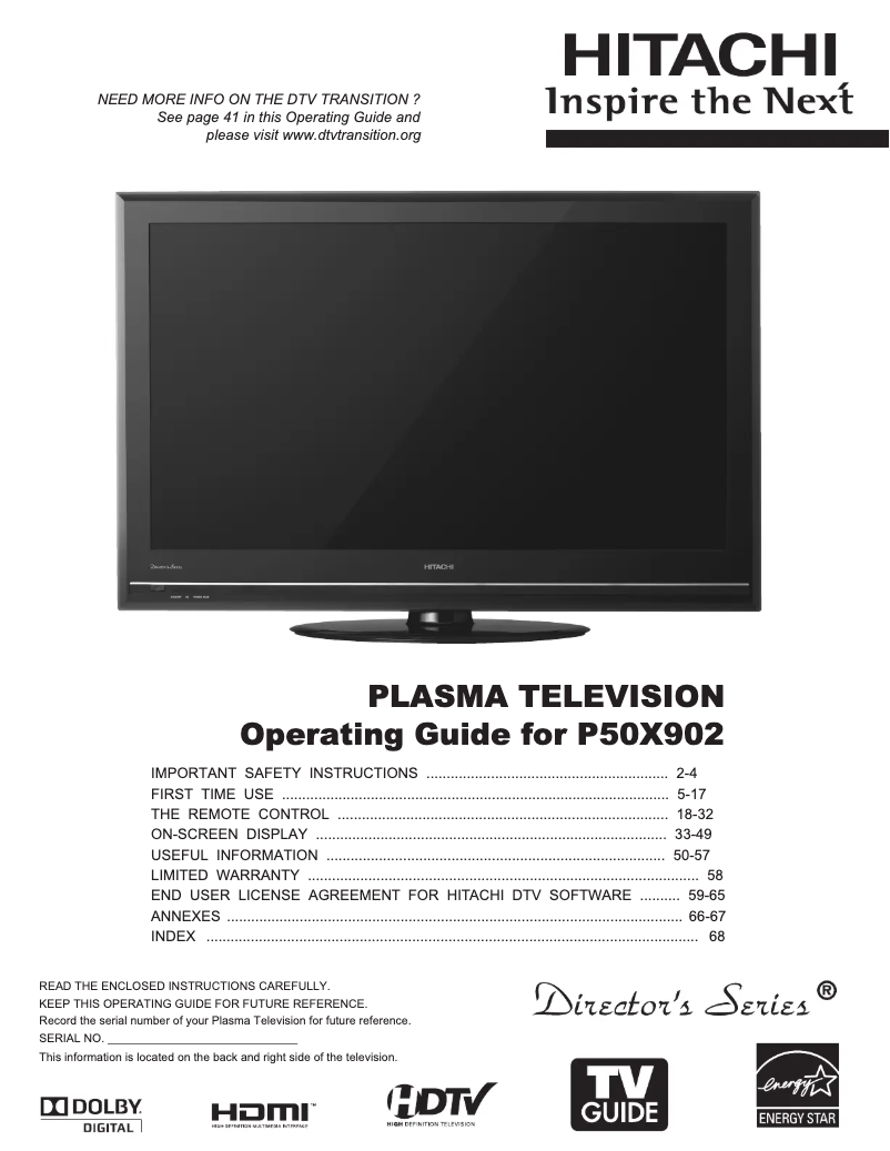 Page 1 de la notice Manuel utilisateur Hitachi P50X902