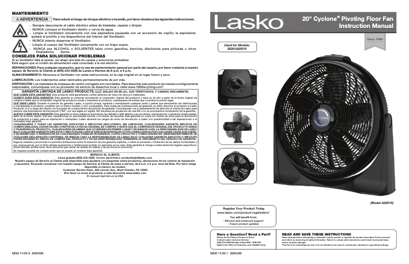 Page 1 de la notice Manuel utilisateur Lasko Cyclone A20515