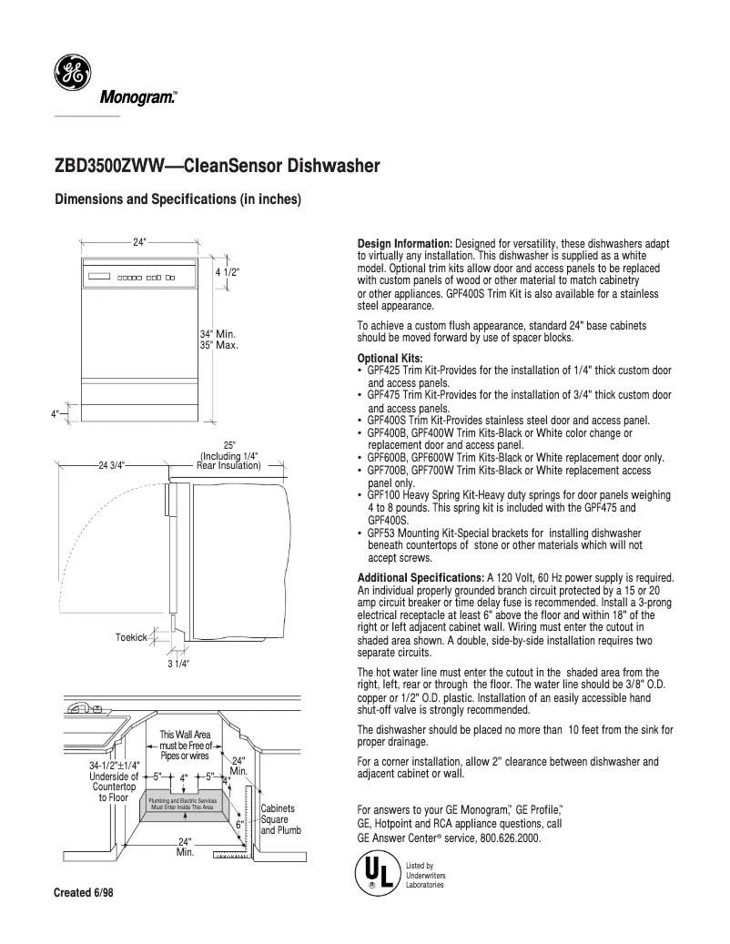 Page 1 of the manual Technical Sheet GE ZBD3500ZWW