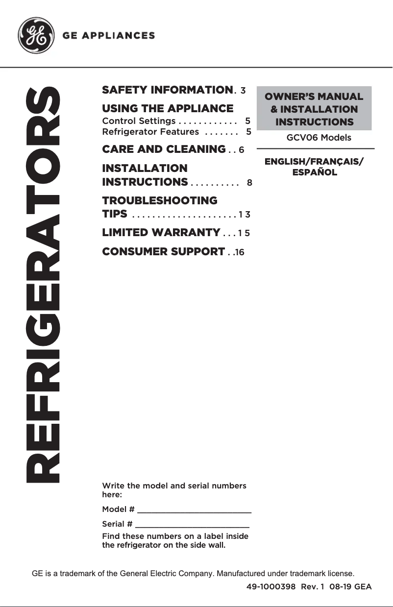 First page image of the manual for GCV06GGNBB