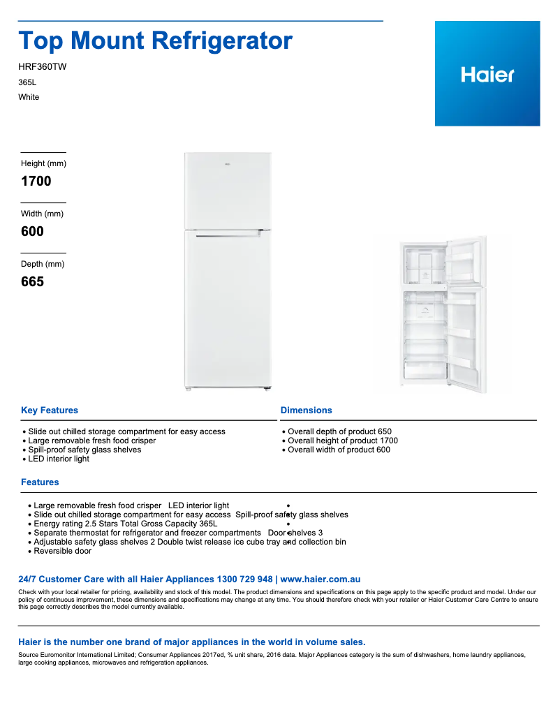 Page 1 de la notice Fiche technique Haier HRF360TW