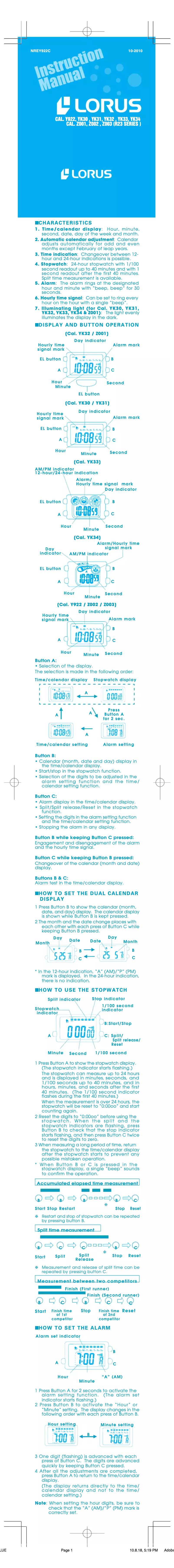 Page 1 de la notice Manuel utilisateur Lorus YK31