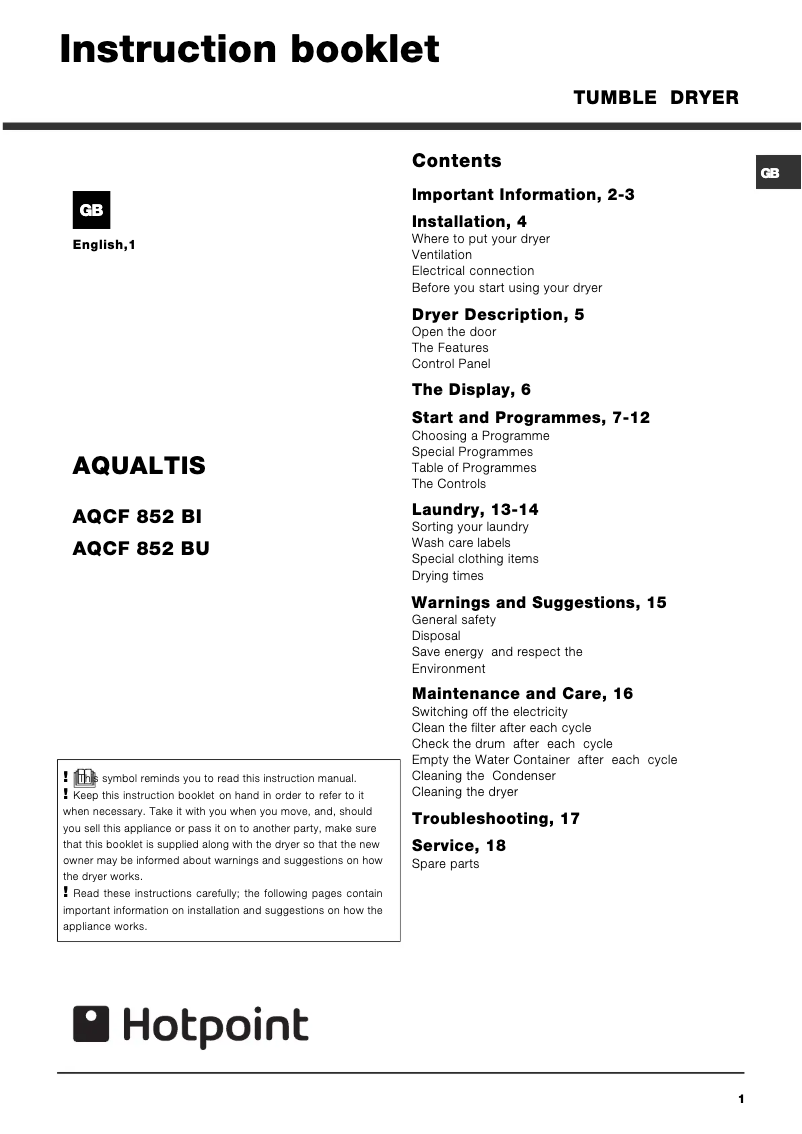 Page n°1 - Manuel utilisateur Hotpoint AQCF 852 B I