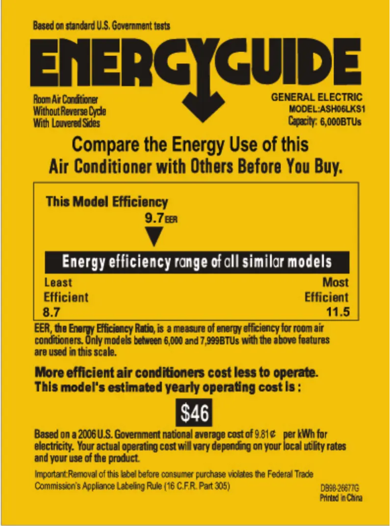 Page 1 de la notice Label énergétique GE ASH06LK