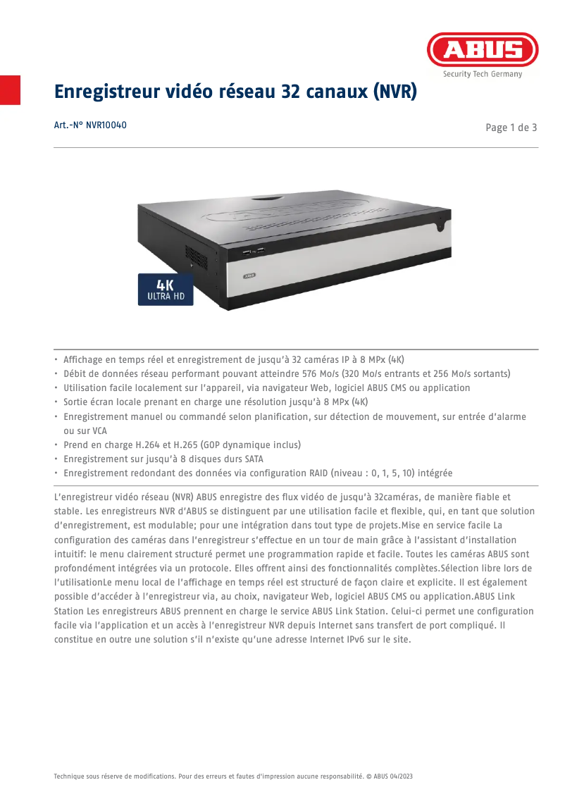 Image de la première page du manuel de l'appareil NVR10040