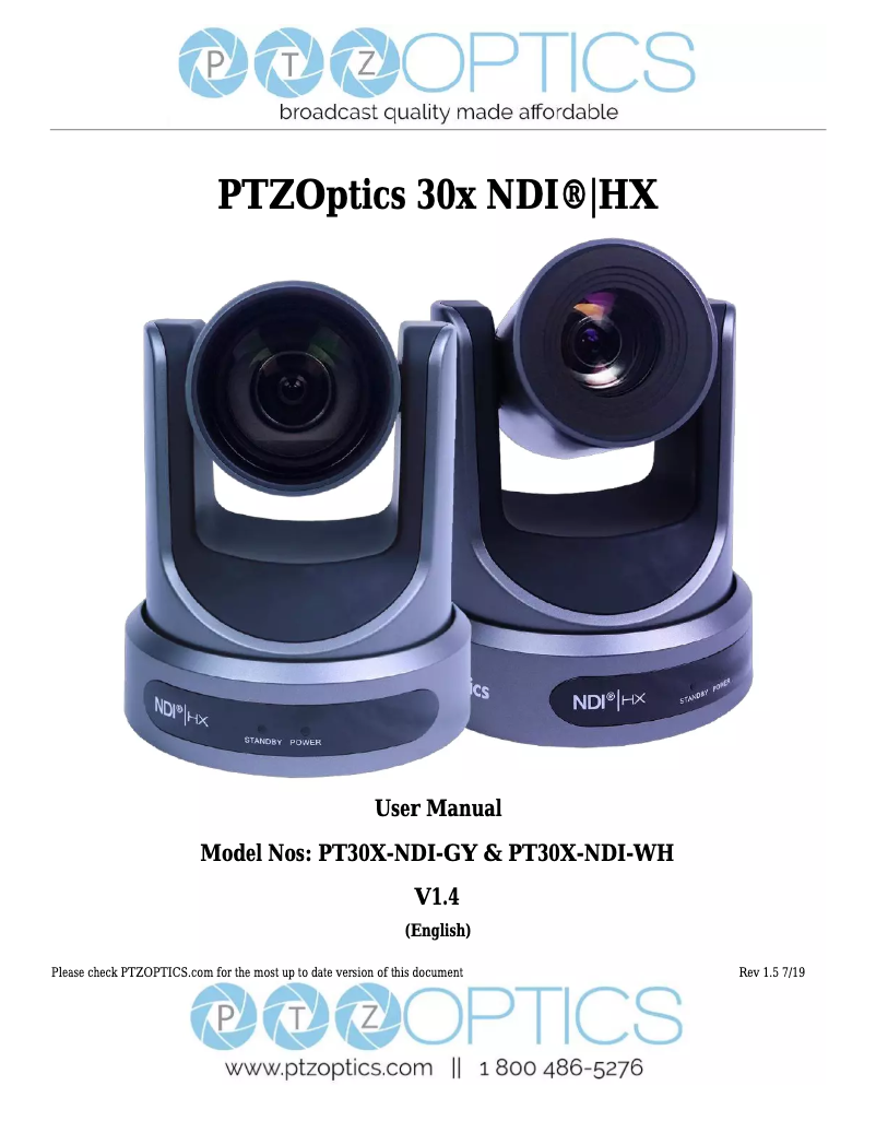 Page 1 de la notice Manuel utilisateur PTZ Optics PT30X-NDI