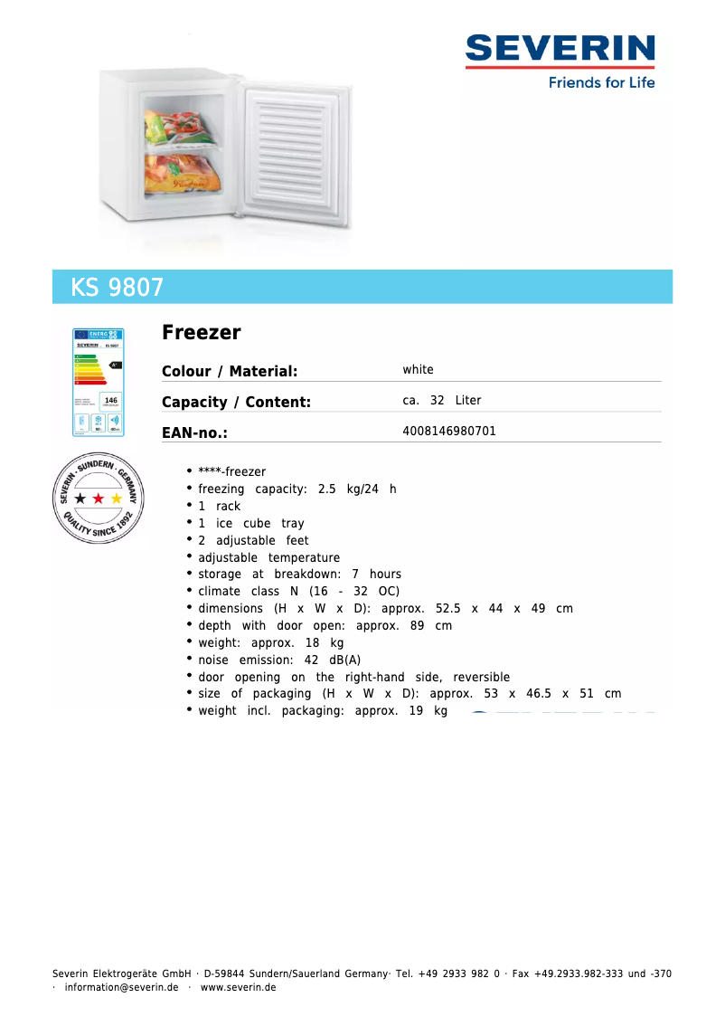 Page 1 de la notice Fiche technique Severin KS 9807