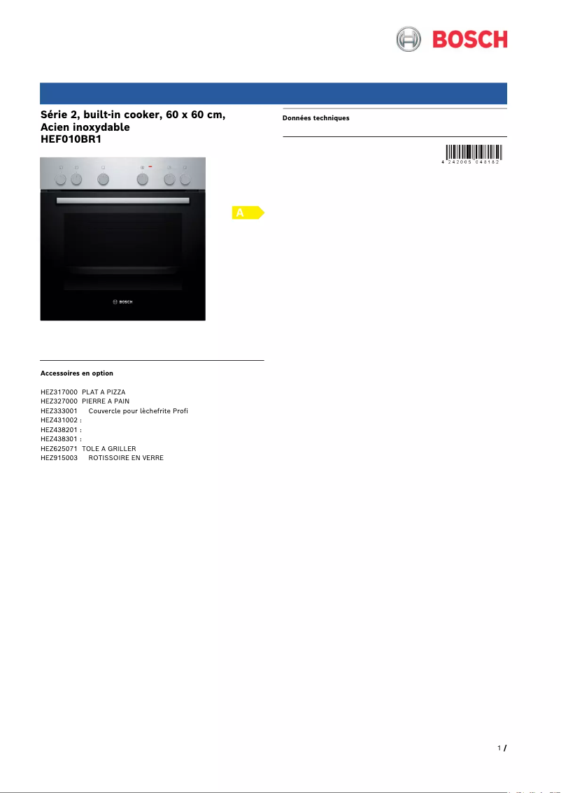 Page 1 de la notice Fiche technique Bosch HEF010BR1