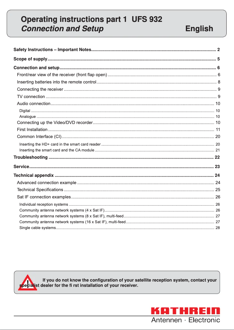 Page 1 de la notice Manuel utilisateur Kathrein UFS 932sw