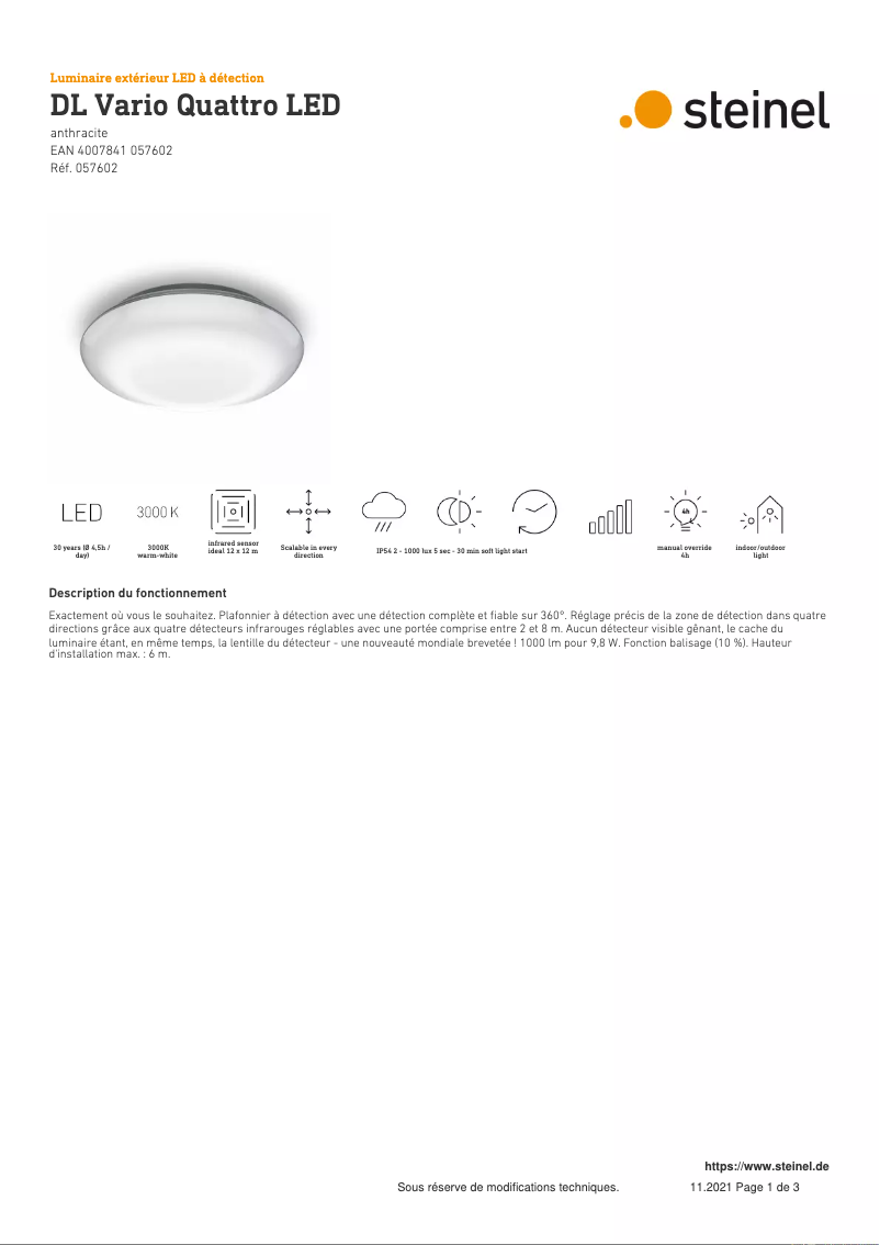 Page n°1 - Fiche technique Steinel DL Vario Quattro LED