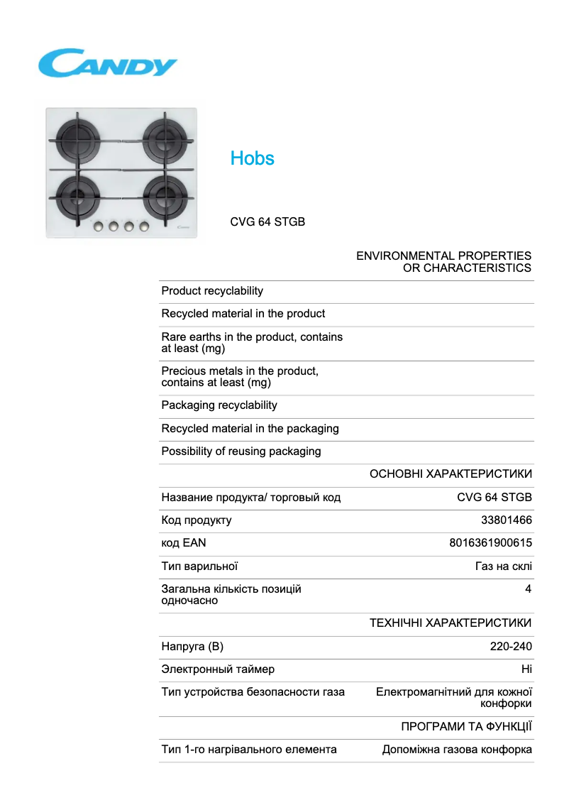 Page 1 de la notice Fiche technique Candy CVG 64 STGB