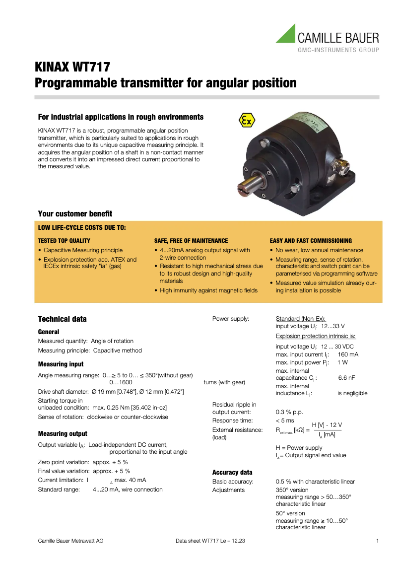 Page 1 de la notice Fiche technique Camille Bauer KINAX WT717