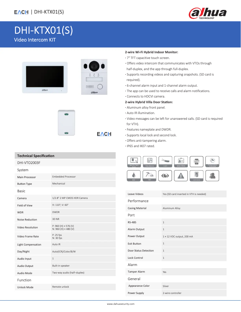 Page 1 de la notice Fiche technique Dahua Technology KTX01