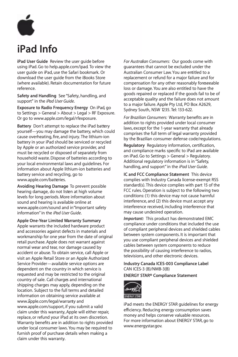 Page 1 de la notice Brochure Apple iPad