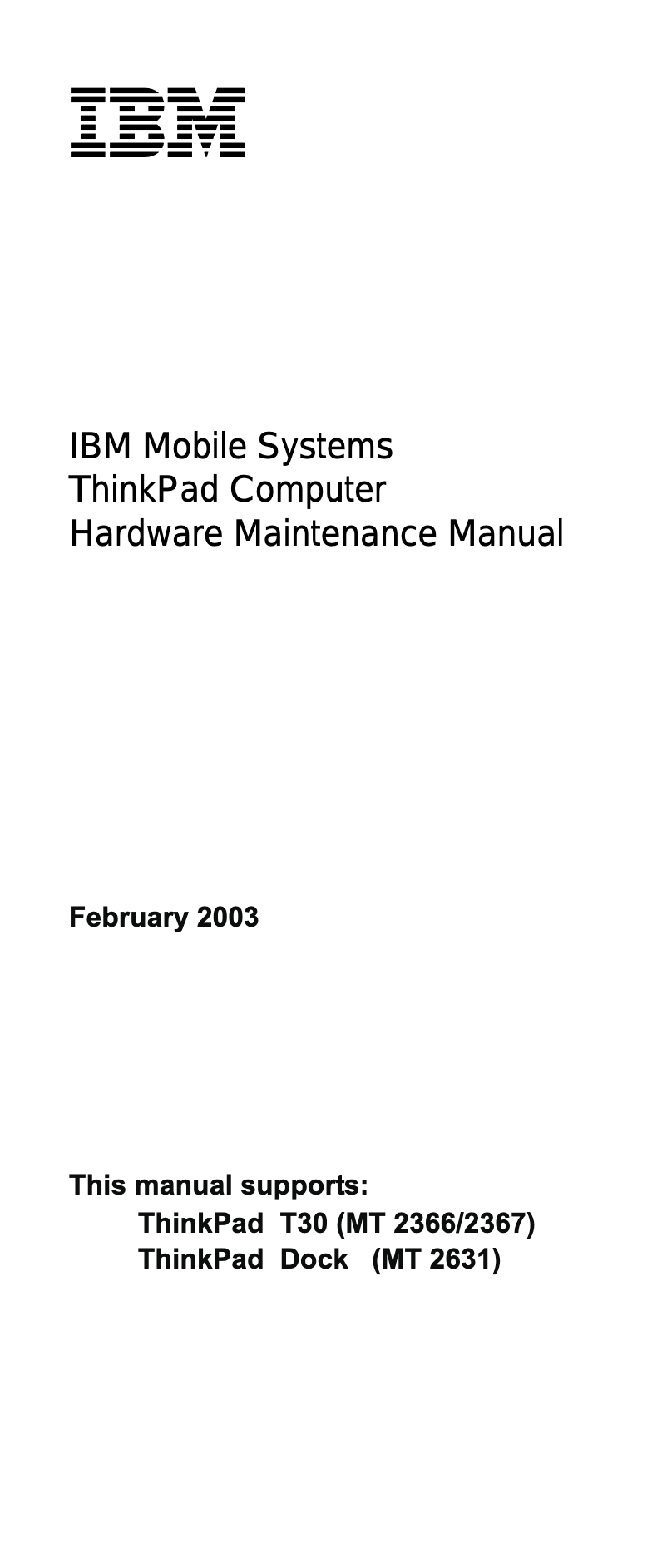 Page n°1 - Manuel utilisateur IBM ThinkPad T30