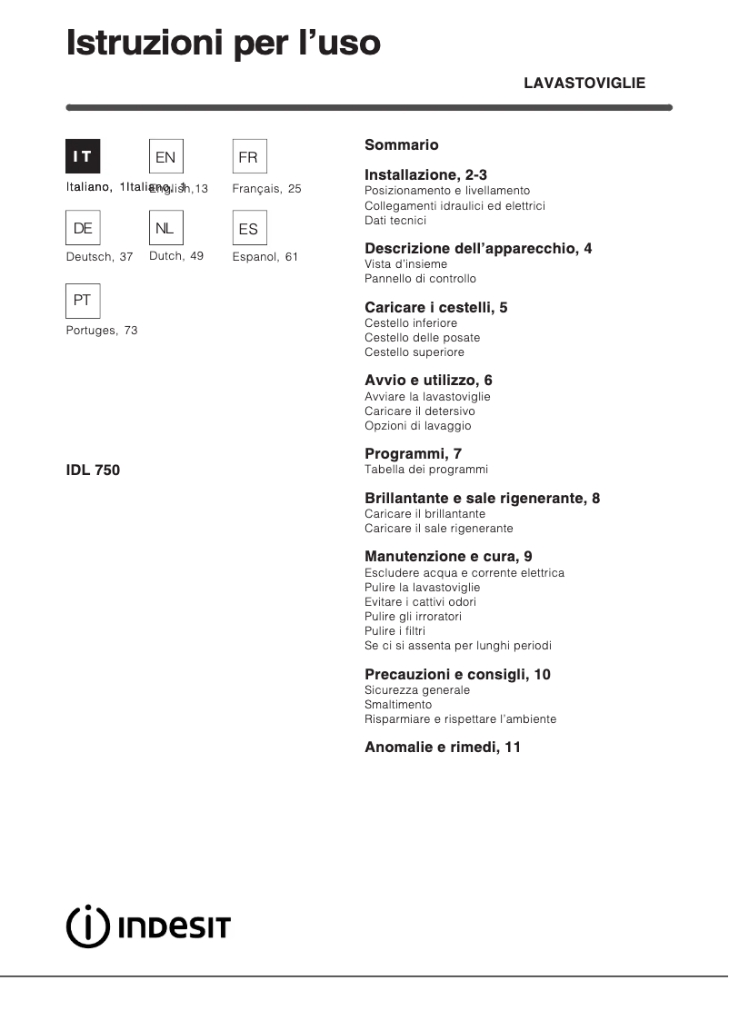 Page 1 de la notice Manuel utilisateur Indesit IDL 750 EU.2