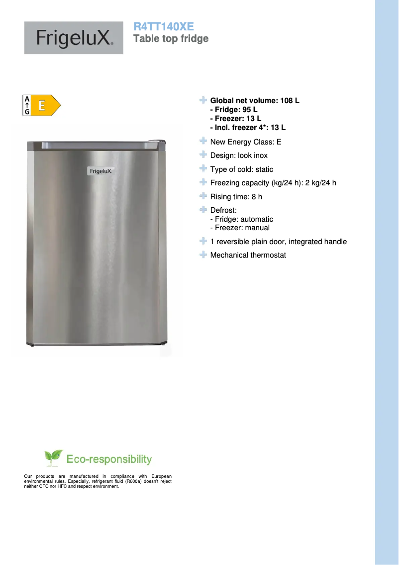 Page 1 de la notice Fiche technique FrigeluX R4TT140XE