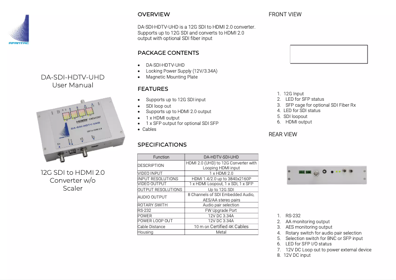 Page 1 de la notice Manuel utilisateur Apantac DA-SDI-HDTV-UHD