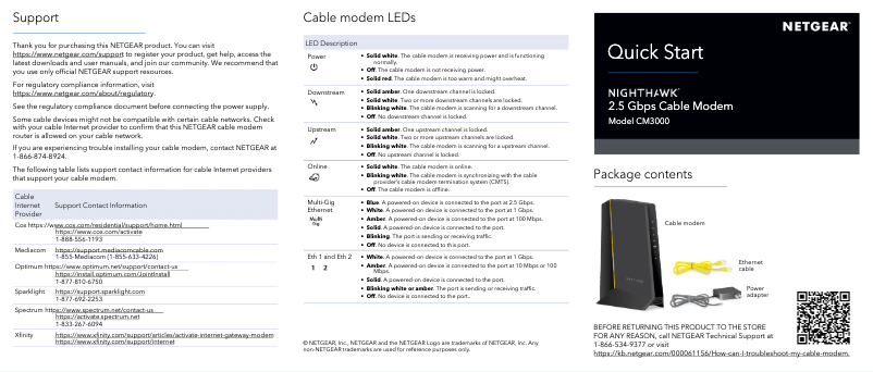 Page 1 de la notice Guide d'installation Netgear Nighthawk CM3000