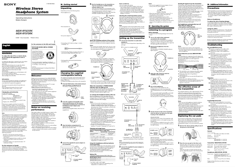 Page n°1 - Manuel utilisateur Sony MDR-RF925RK