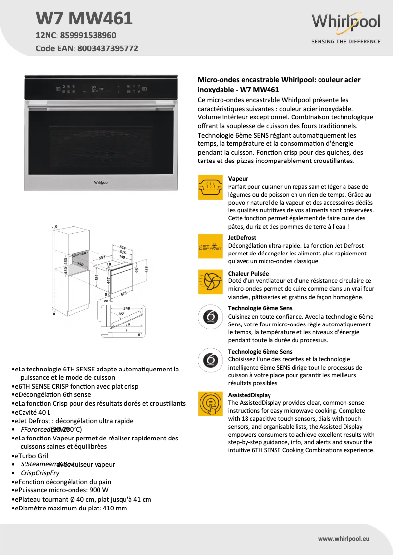 Página 1 del manual Ficha técnica Whirlpool W7 MW461
