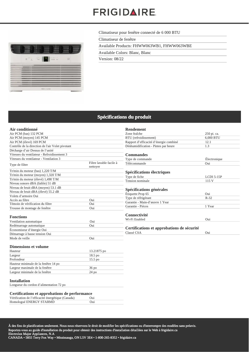 Page 1 de la notice Fiche technique Frigidaire FHWW063WBE