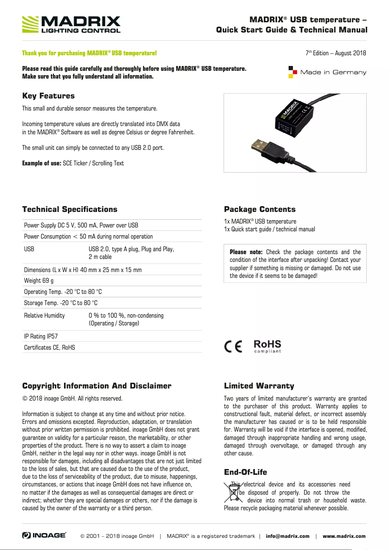 Page 1 de la notice Manuel utilisateur Madrix USB temperature
