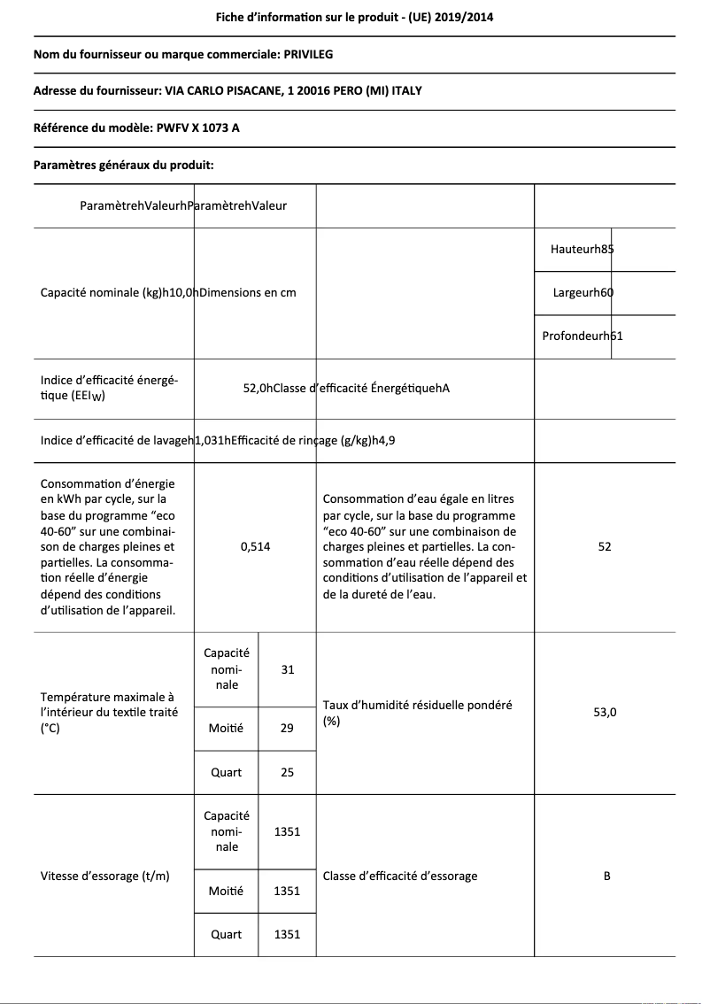 Image de la première page du manuel de l'appareil PWFV X 1073 A