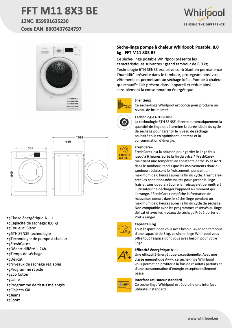 Page n°1 - Fiche technique Whirlpool FFT M11 8X3 BE