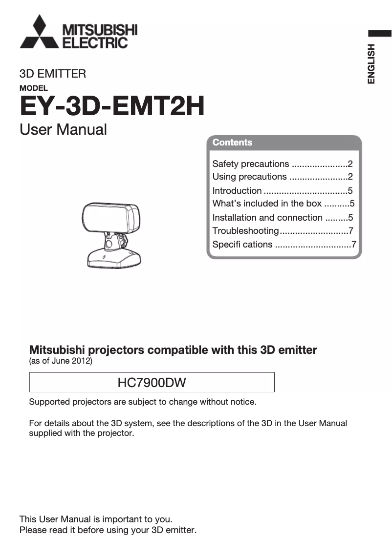 Page 1 de la notice Manuel utilisateur Mitsubishi EY-3D-EMT2H