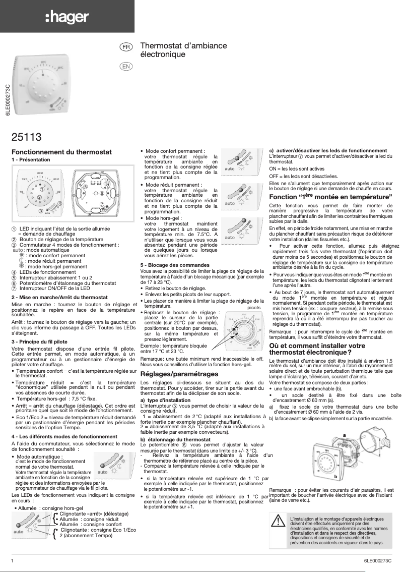 Page 1 de la notice Manuel utilisateur Hager 25113