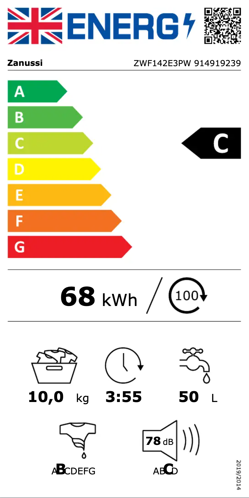 Page 1 de la notice Label énergétique Zanussi ZWF142E3PW