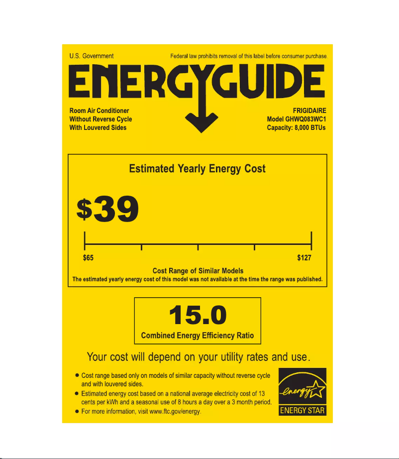 Página 1 del manual Etiqueta energética Frigidaire GHWQ083WC1