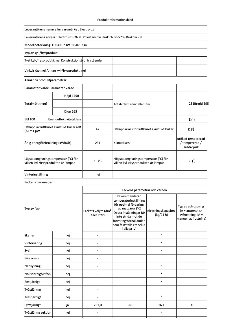 Page n°1 - Fiche technique Electrolux LUC4NE23W