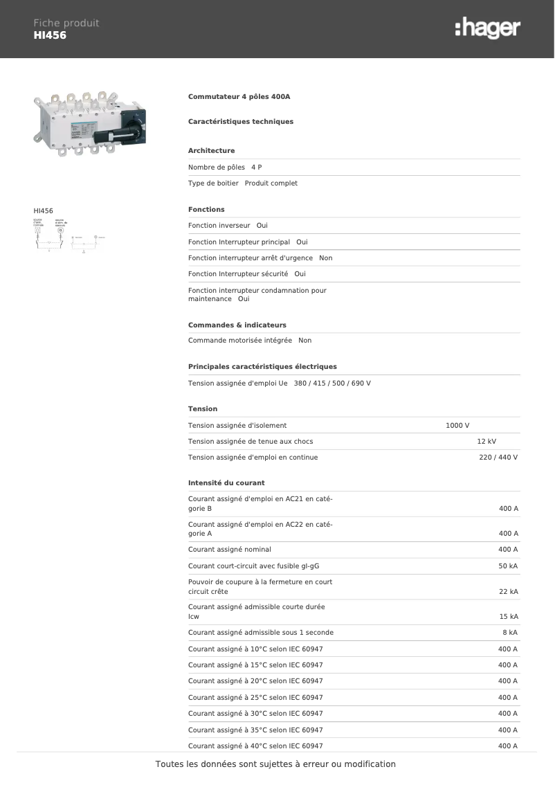 Page n°1 - Fiche technique Hager HI456