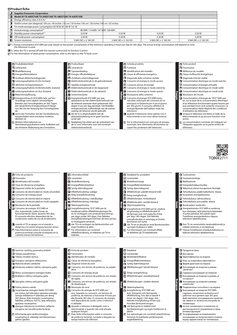 Page n°1 - Fiche technique Panasonic TX-40EX730E