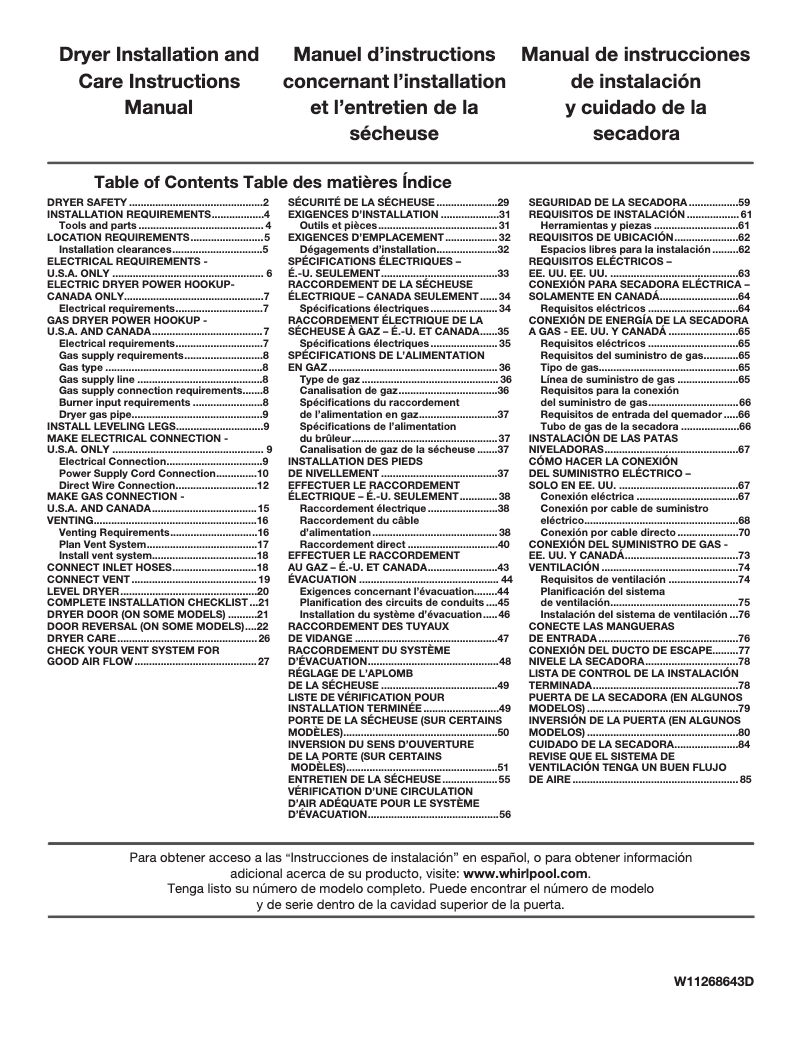 Page n°1 - Guide d'installation Whirlpool WGD7120HC