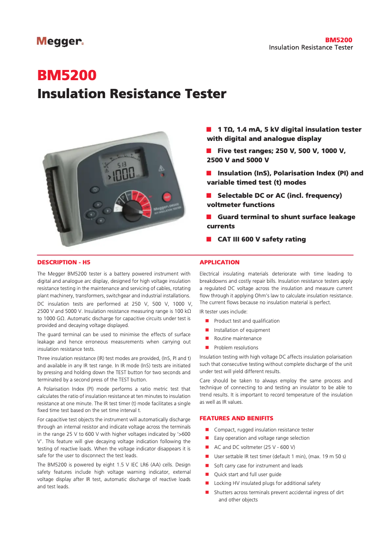 Page 1 de la notice Fiche technique Megger BM5200
