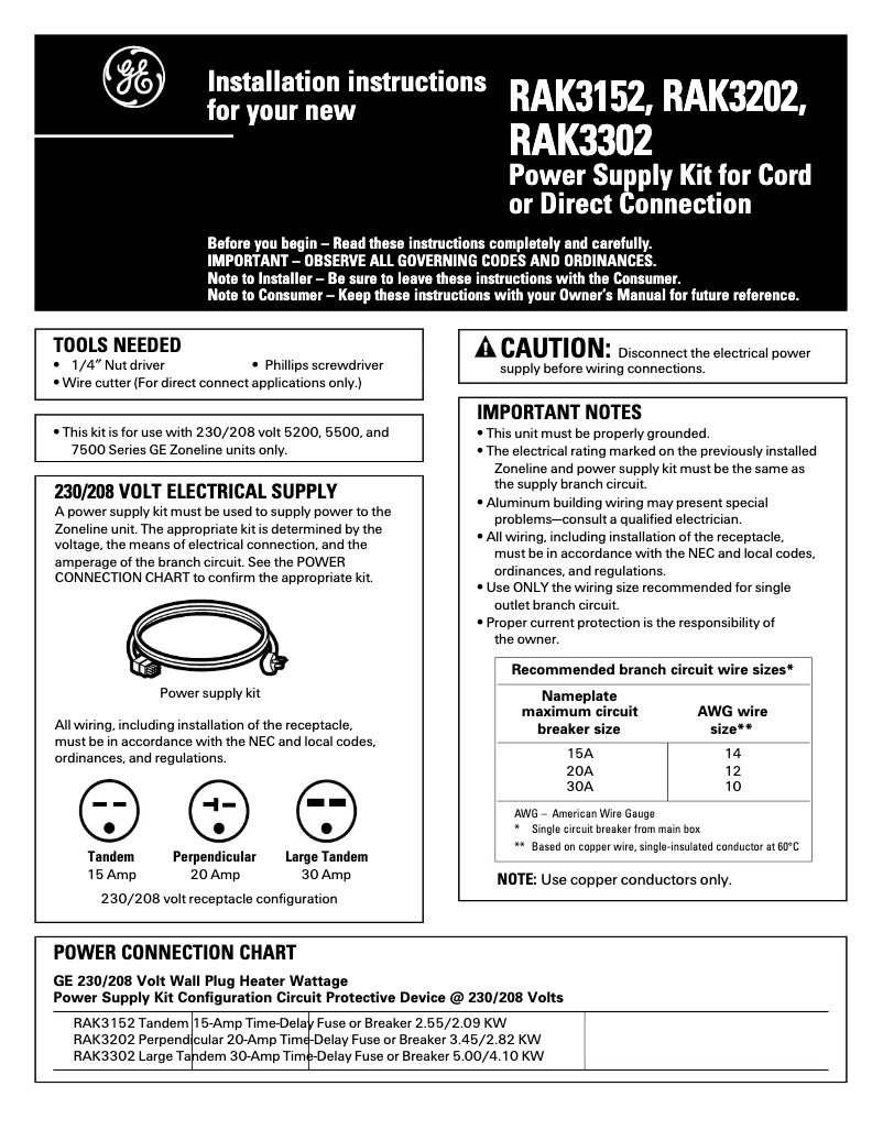 Page 1 de la notice Guide d'installation GE RAK3152