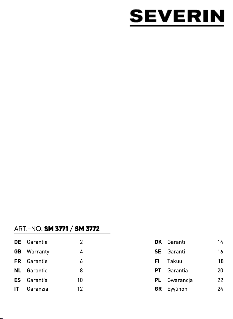 Page n°1 - Informations de garantie Severin SM 3772