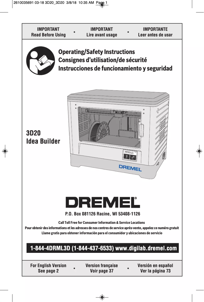 Page 1 de la notice Manuel utilisateur Dremel 3D20 Idea Builder