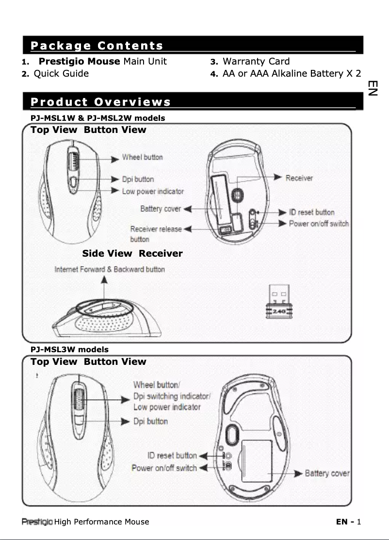 Page 1 de la notice Manuel utilisateur Prestigio PJ-MSL3W