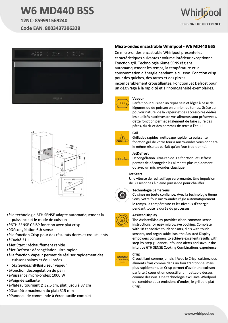 Page 1 de la notice Fiche technique Whirlpool W6 MD440 BSS