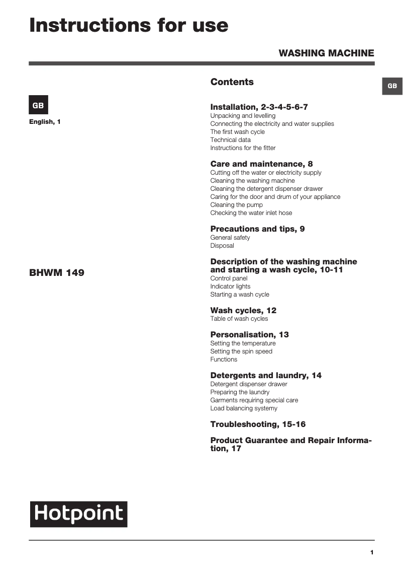 Page n°1 - Manuel utilisateur Hotpoint BHWM 149 (UK)/2