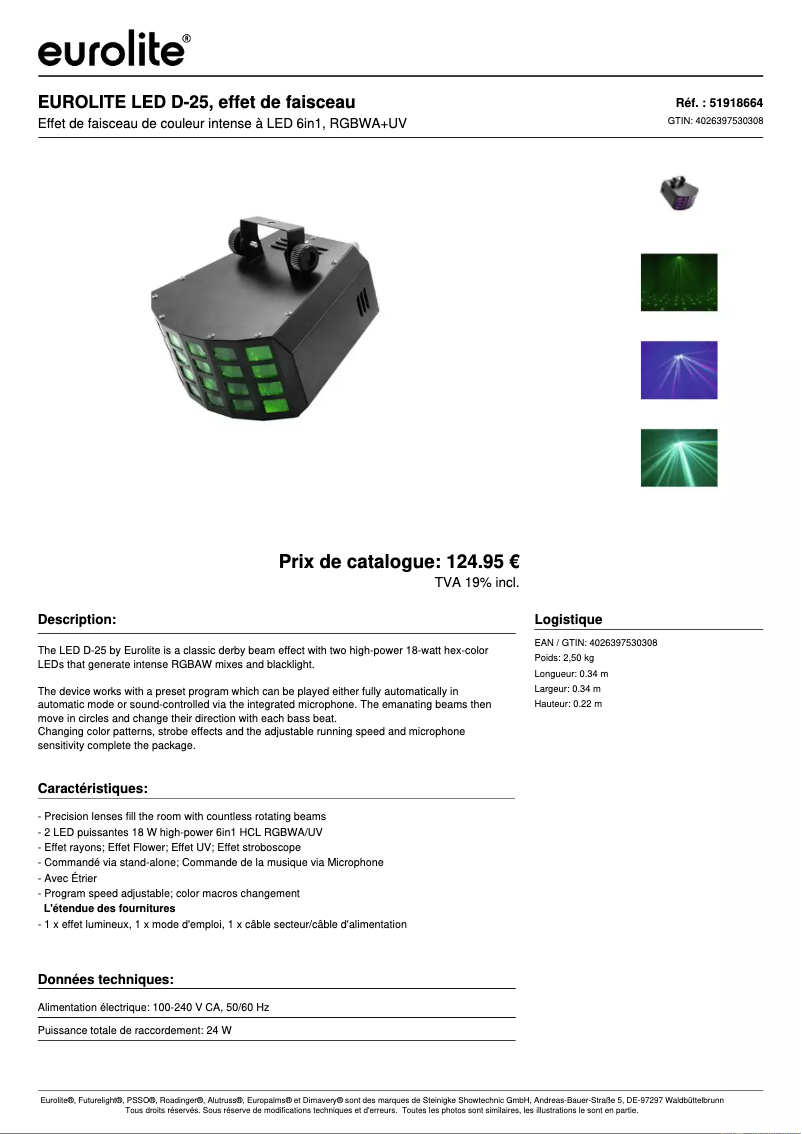 Page 1 de la notice Fiche technique Eurolite LED D-25