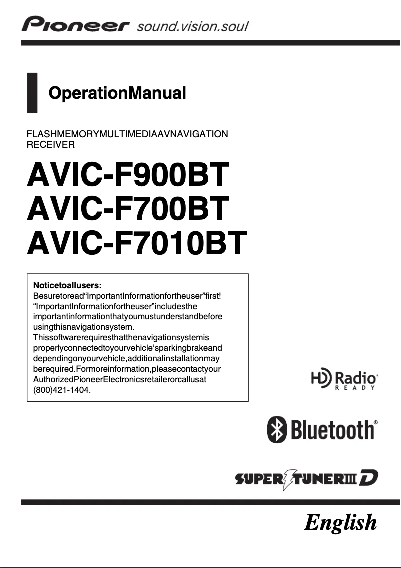 Image de la première page du manuel de l'appareil AVIC-F7010BT