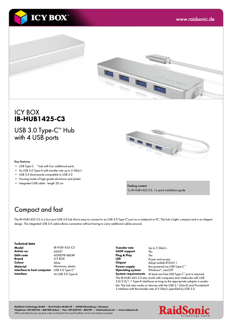 Página 1 del manual Ficha técnica Icy Box IB-HUB1425-C3
